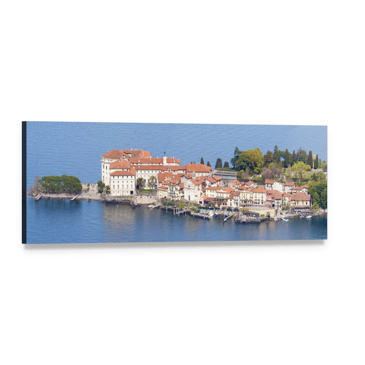 Island Village with Terracotta Roofs by Blue Water Panoramic Canvas Wall Art, single panel gallery wrapped canvas, angled product view