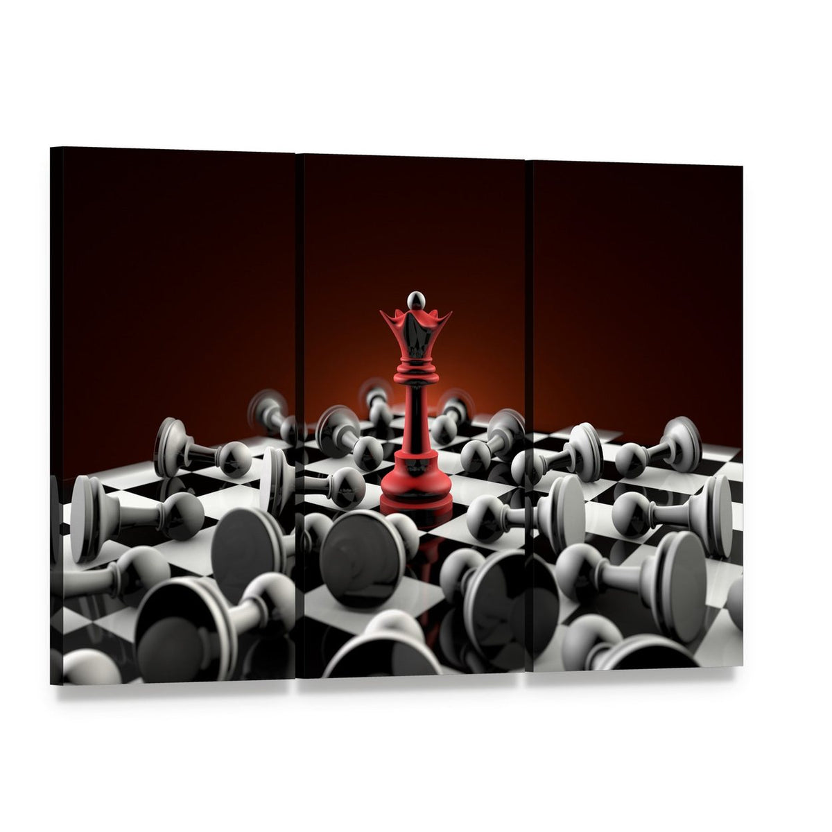 Red Queen and Gray Pawn Chess Canvas Wall Art, 3 panel 3 Horizontal layout gallery wrapped canvas set, angled product view