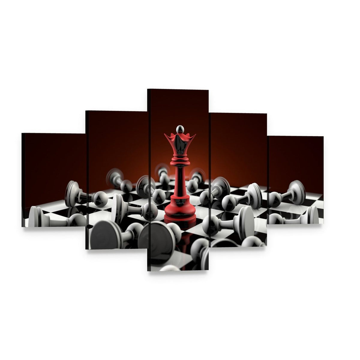 Red Queen and Gray Pawn Chess Canvas Wall Art, 5 panel 5 Star layout gallery wrapped canvas set, angled product view