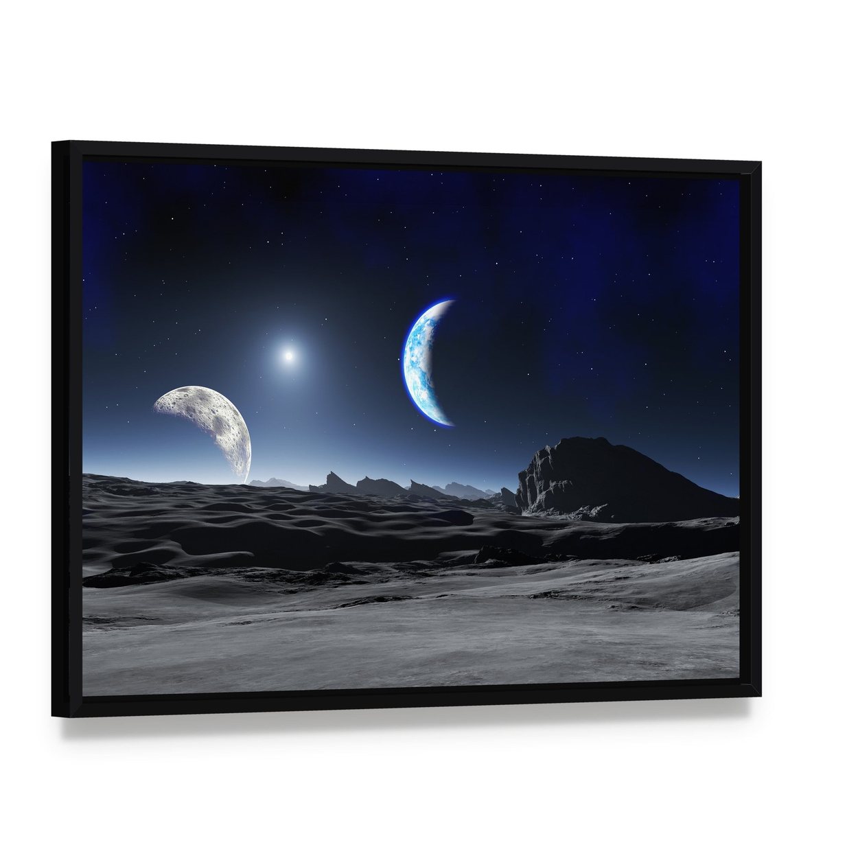 Planet with Two Moons Canvas Wall Art, framed canvas in a black floater frame, angled product view