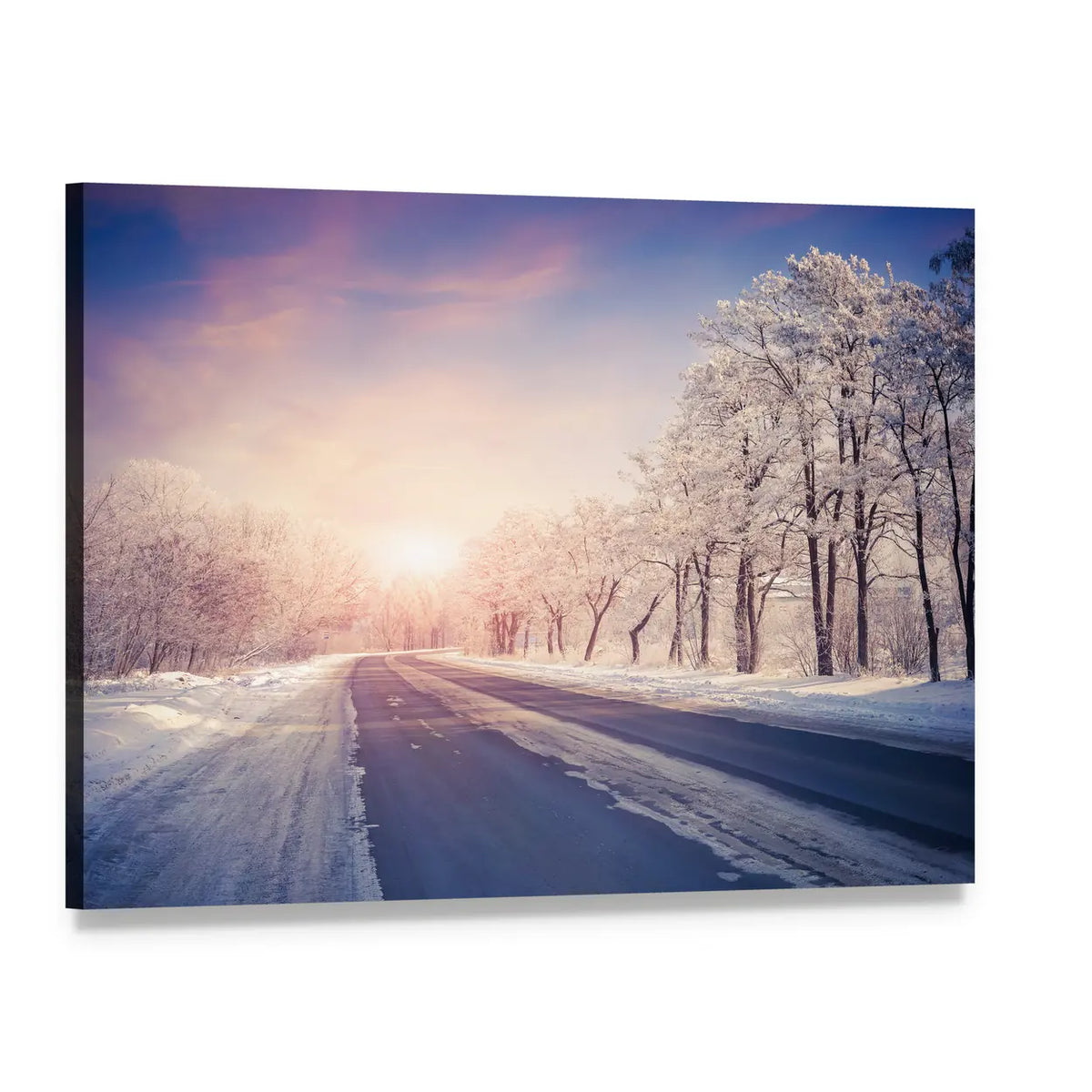 Winter Sunset on the Highway Canvas Wall Art, single panel gallery wrapped canvas, angled product view
