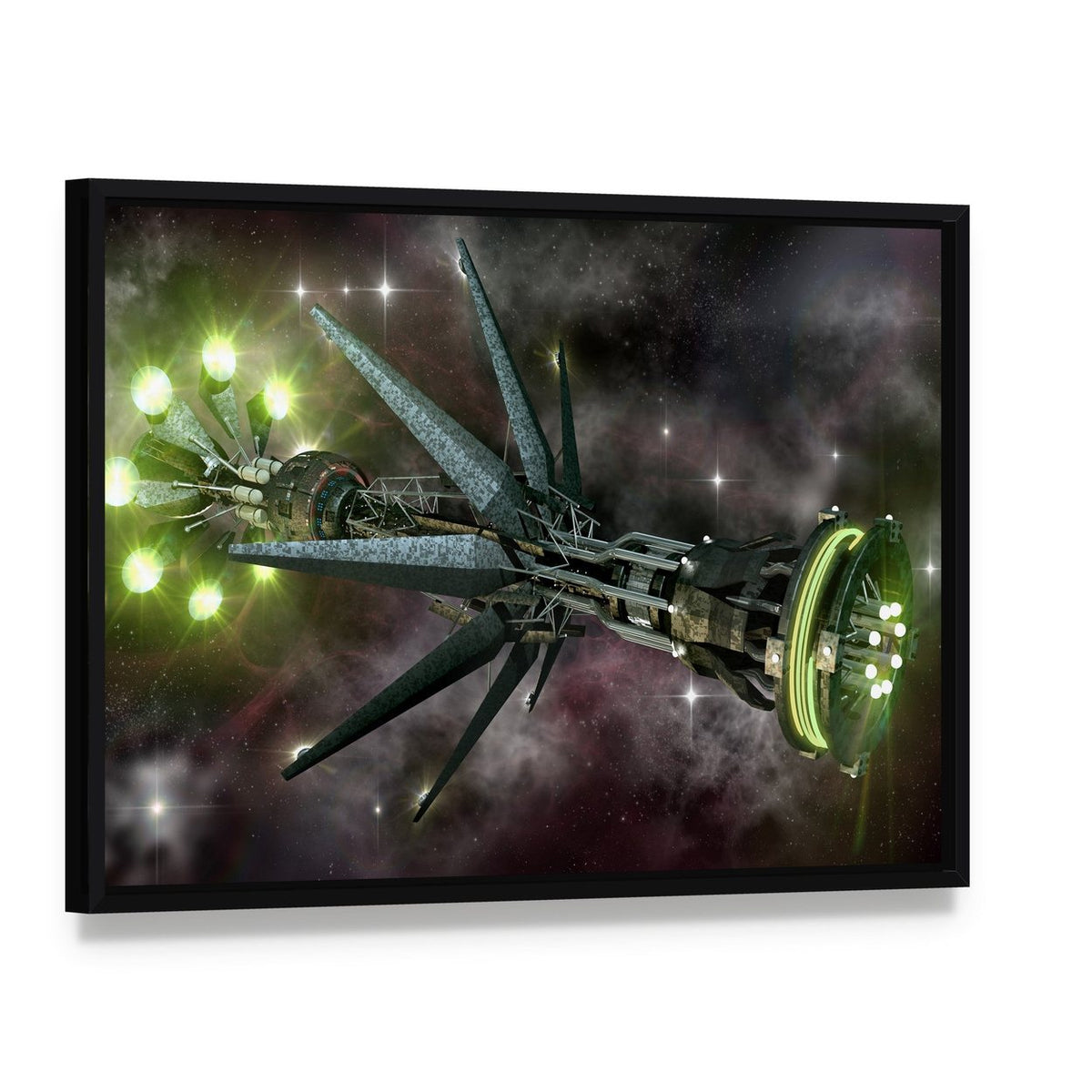 Fantasy Alien Mothership Canvas Wall Art, framed canvas in a black floater frame, angled product view