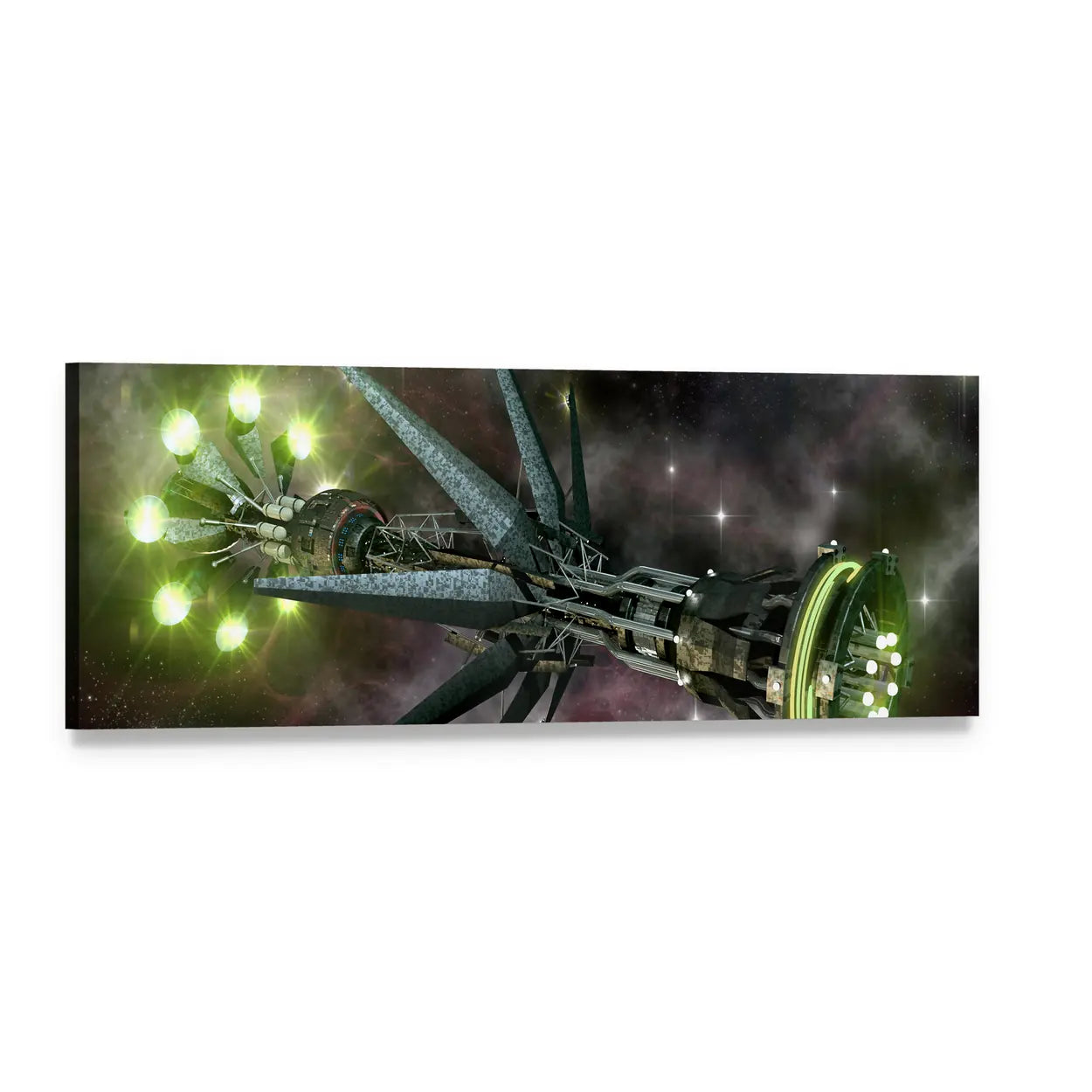 Futuristic Alien Mothership with Green Lights Panoramic Canvas Wall Art, single panel gallery wrapped canvas, angled product view