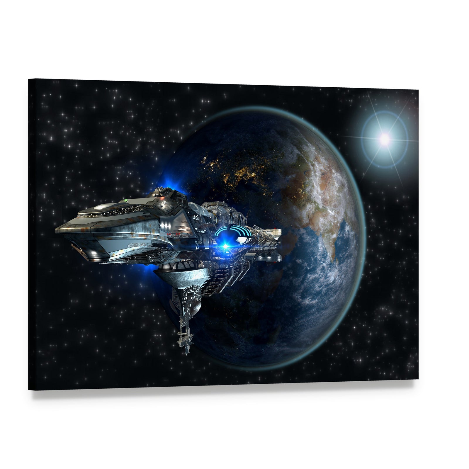Interstellar Spaceship Leaving Earth Canvas Wall Art, single panel gallery wrapped canvas, angled product view