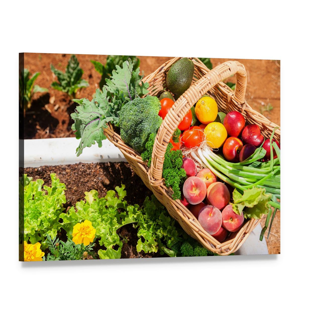 Fruits and Vegetables in Basket Canvas Wall Art, single panel gallery wrapped canvas, angled product view