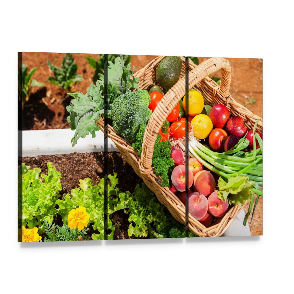 Fruits and Vegetables in Basket Canvas Wall Art, 3 panel 3 Horizontal layout gallery wrapped canvas set, angled product view