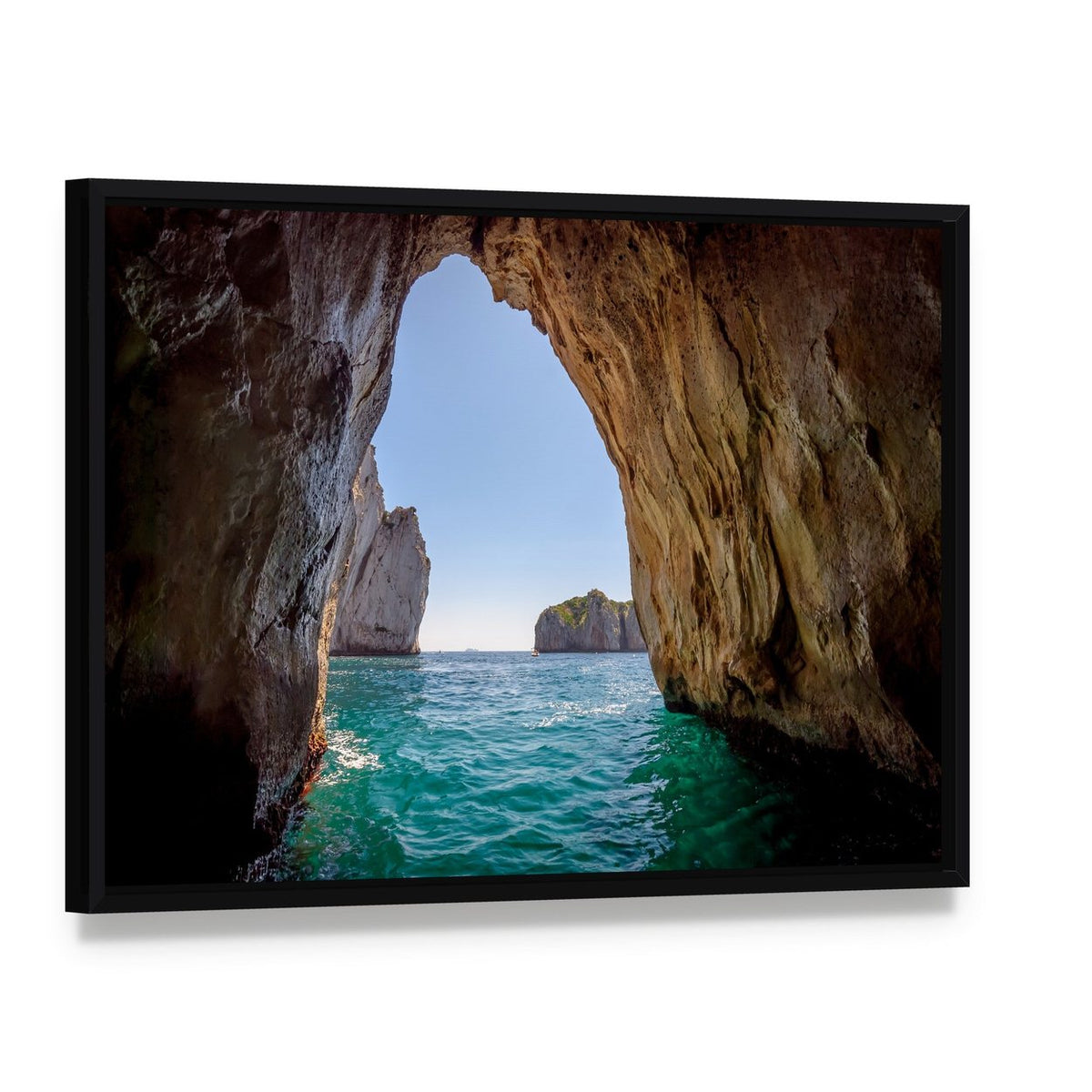 Blue Grotto Sea Cave, Italy Canvas Wall Art, framed canvas in a black floater frame, angled product view