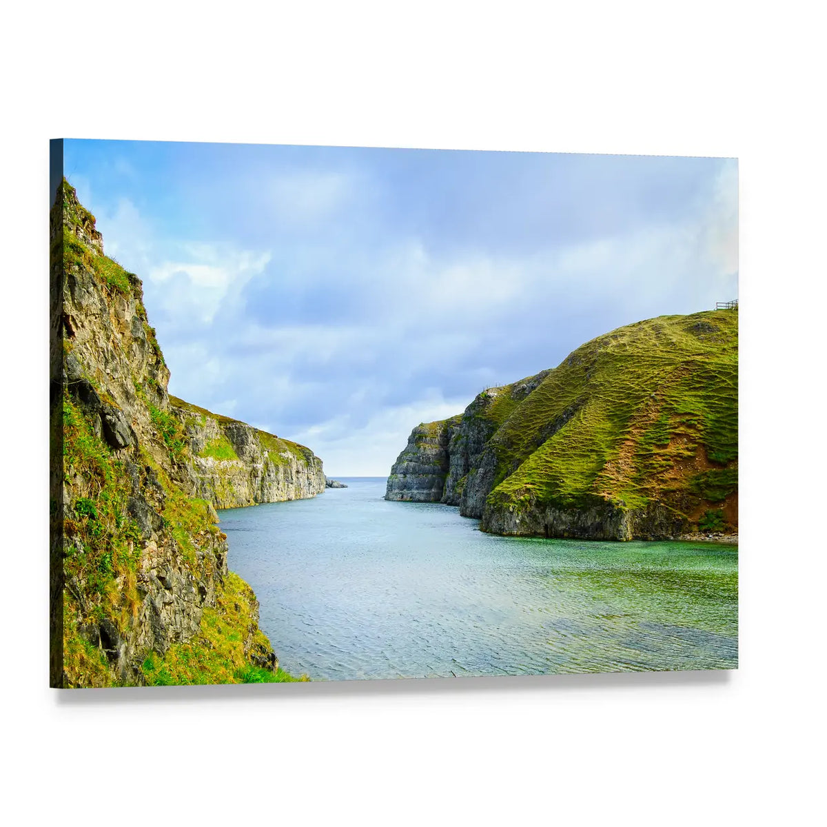 Coastal Inlet with Mossy Cliffs and Blue-green Sea Canvas Wall Art, single panel gallery wrapped canvas, angled product view