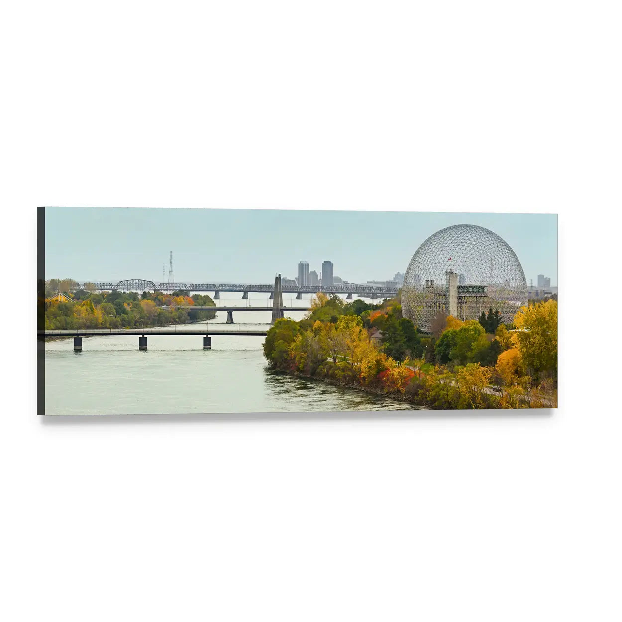 Montreal Bridges in Autumn Panoramic Canvas Wall Art, single panel gallery wrapped canvas, angled product view