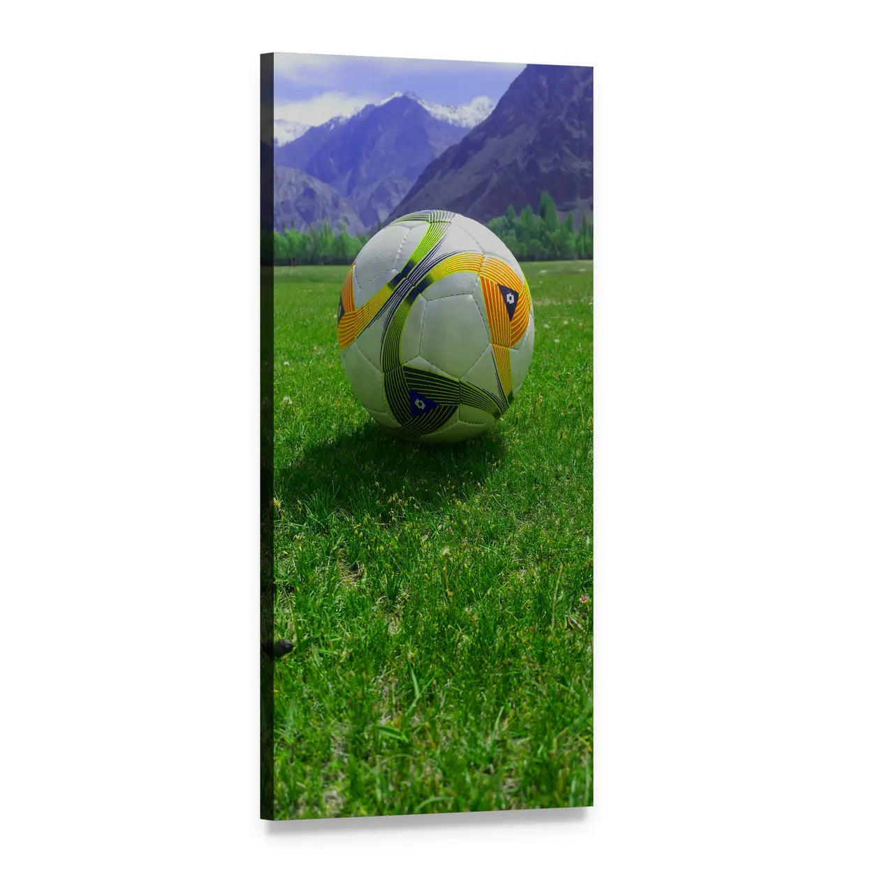 Brazuca Soccer Ball on Mountain Field Vertical Canvas Wall Art, 1 panel 1 Vertical layout gallery wrapped canvas set, angled product view