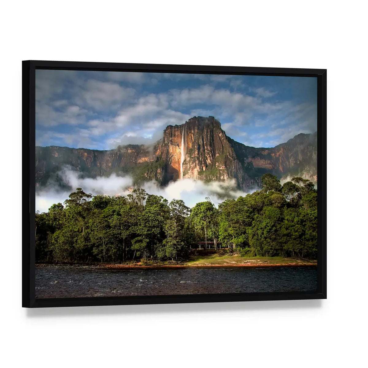 Angel Falls in Morning Light Canvas Wall Art, framed canvas in a black floater frame, angled product view