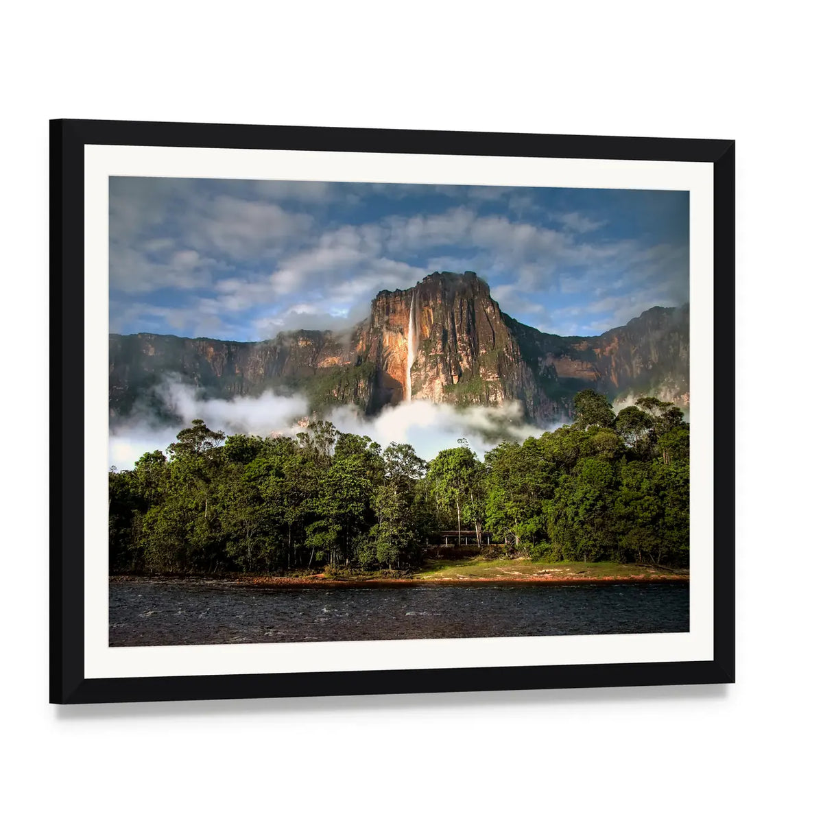Angel Falls in Morning Light Canvas Wall Art, framed print with white mat and black frame, angled product view