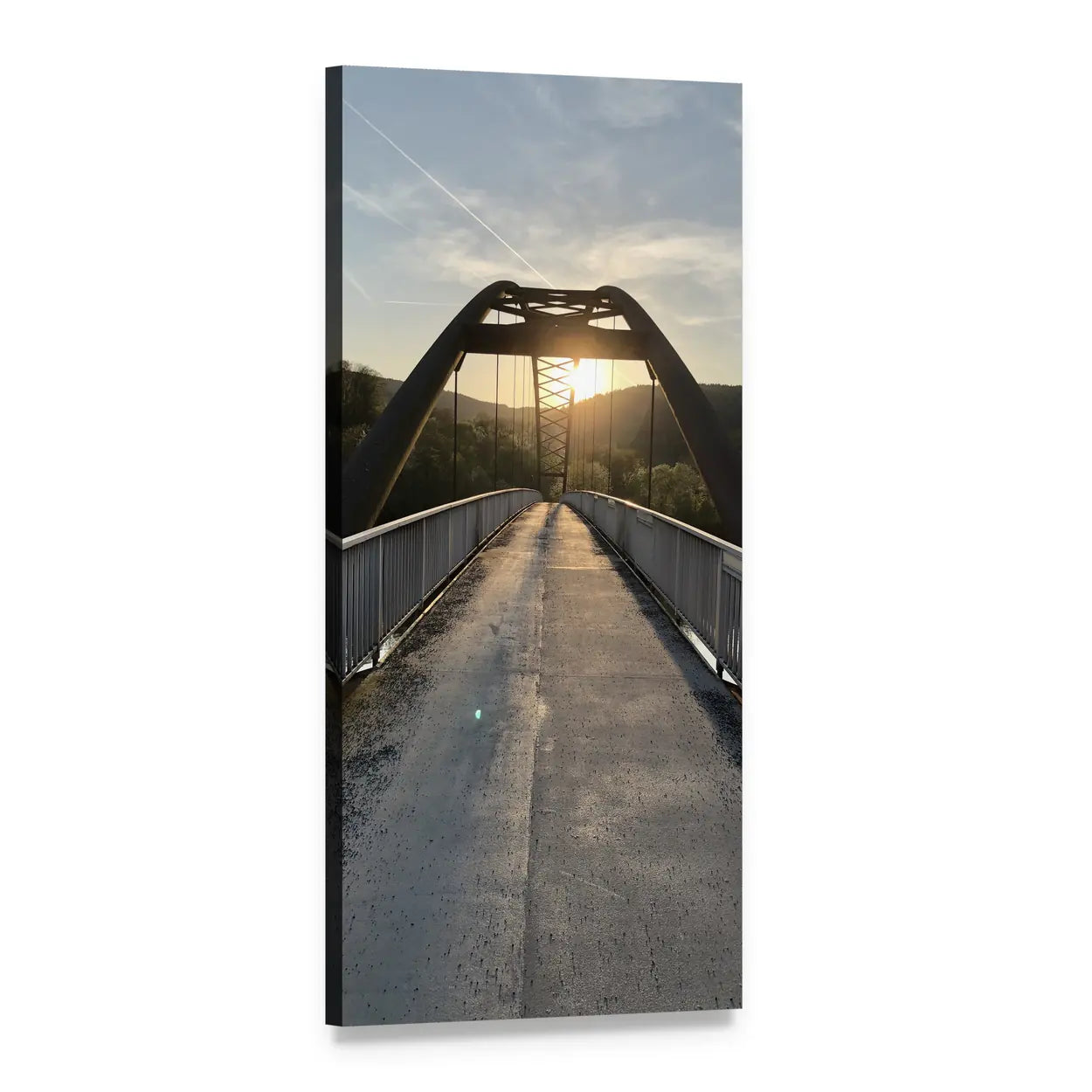 Arched Metal Truss Bridge at Sunset Vertical Canvas Wall Art, 1 panel 1 Vertical layout gallery wrapped canvas set, angled product view