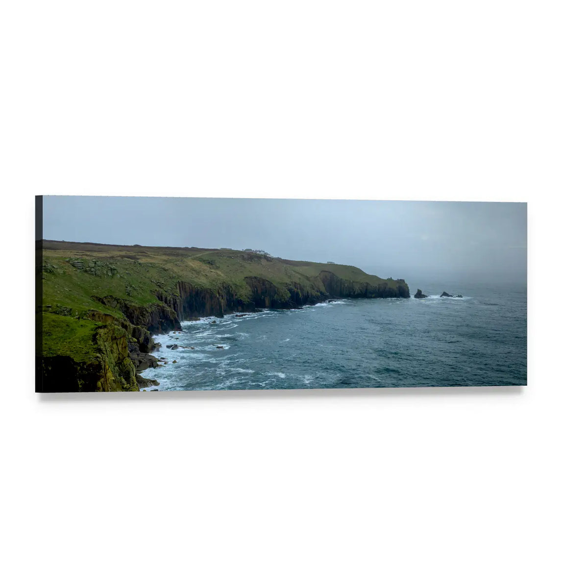 Scenic Coastal Cliffs by the Sea Panoramic Canvas Wall Art, single panel gallery wrapped canvas, angled product view