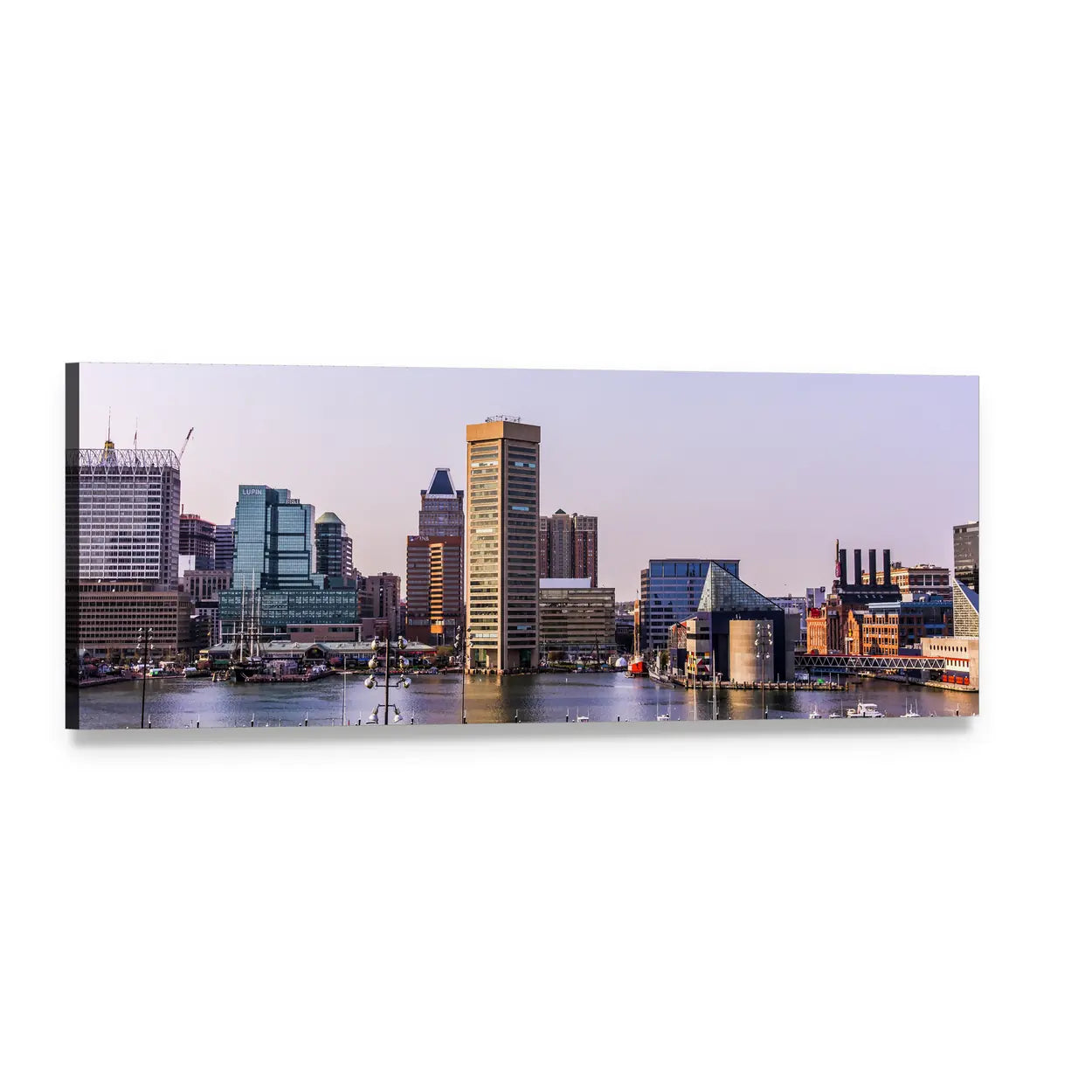 Baltimore Waterfront Skyline Panoramic Canvas Wall Art, single panel gallery wrapped canvas, angled product view