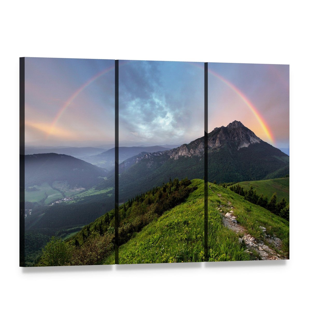 Rainbow Over Mountain Peak Canvas Wall Art, 3 panel 3 Horizontal layout gallery wrapped canvas set, angled product view