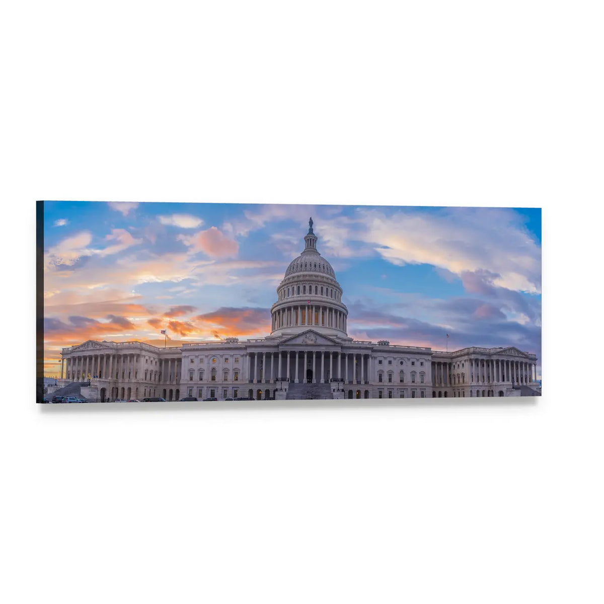 United States Capitol Dome at Sunset Panoramic Canvas Wall Art, single panel gallery wrapped canvas, angled product view