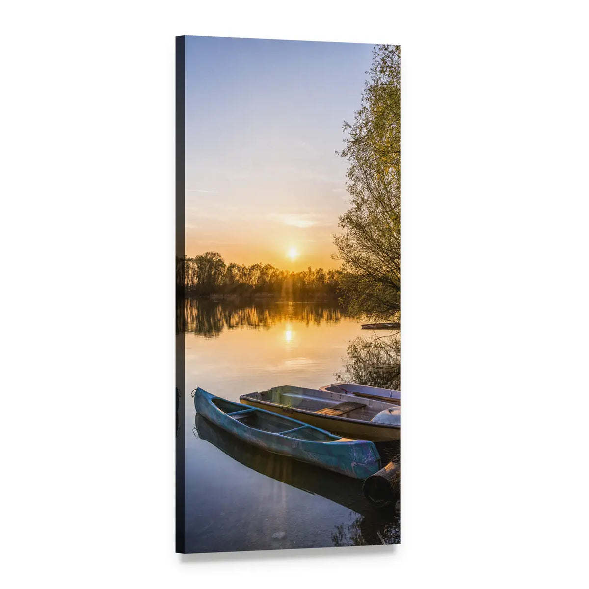 Two Canoes on a Lake at Sunset Vertical Canvas Wall Art, 1 panel 1 Vertical layout gallery wrapped canvas set, angled product view