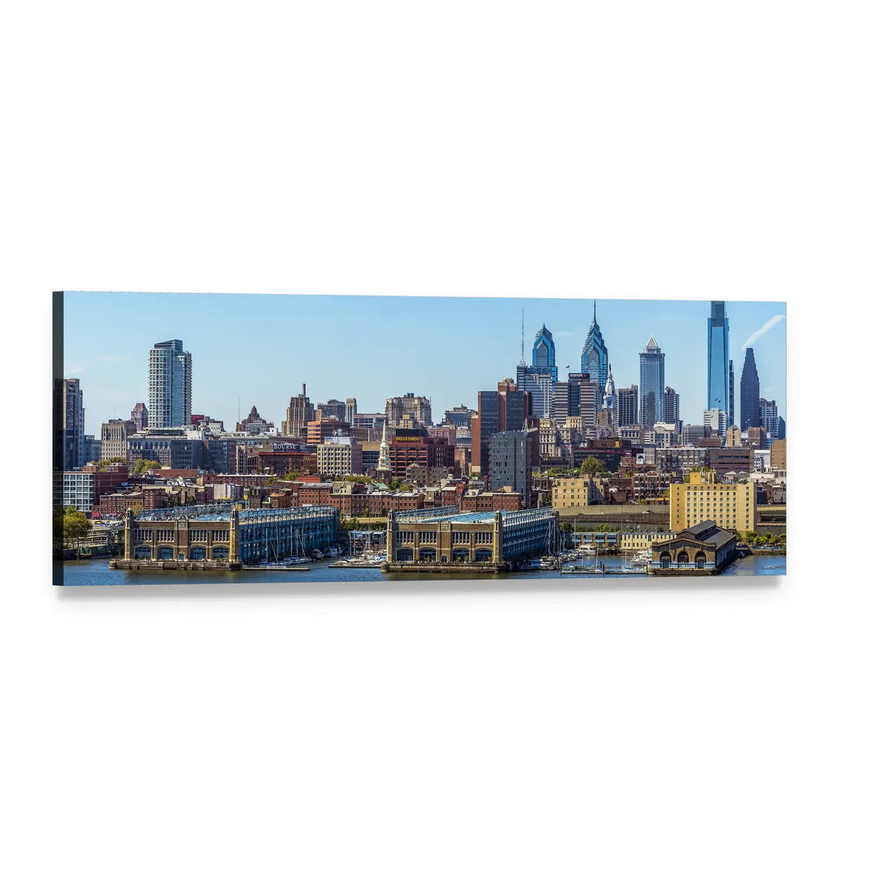 Philadelphia Waterfront Skyline Panoramic Canvas Wall Art, single panel gallery wrapped canvas, angled product view