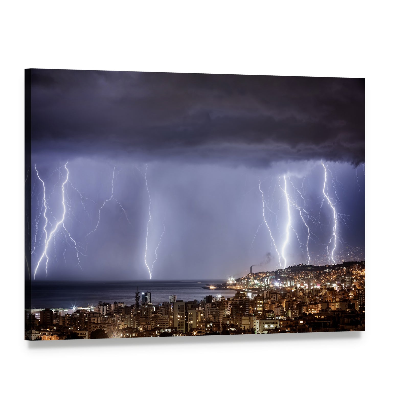 Lightning Storm Over Coastal City Canvas Wall Art, single panel gallery wrapped canvas, angled product view