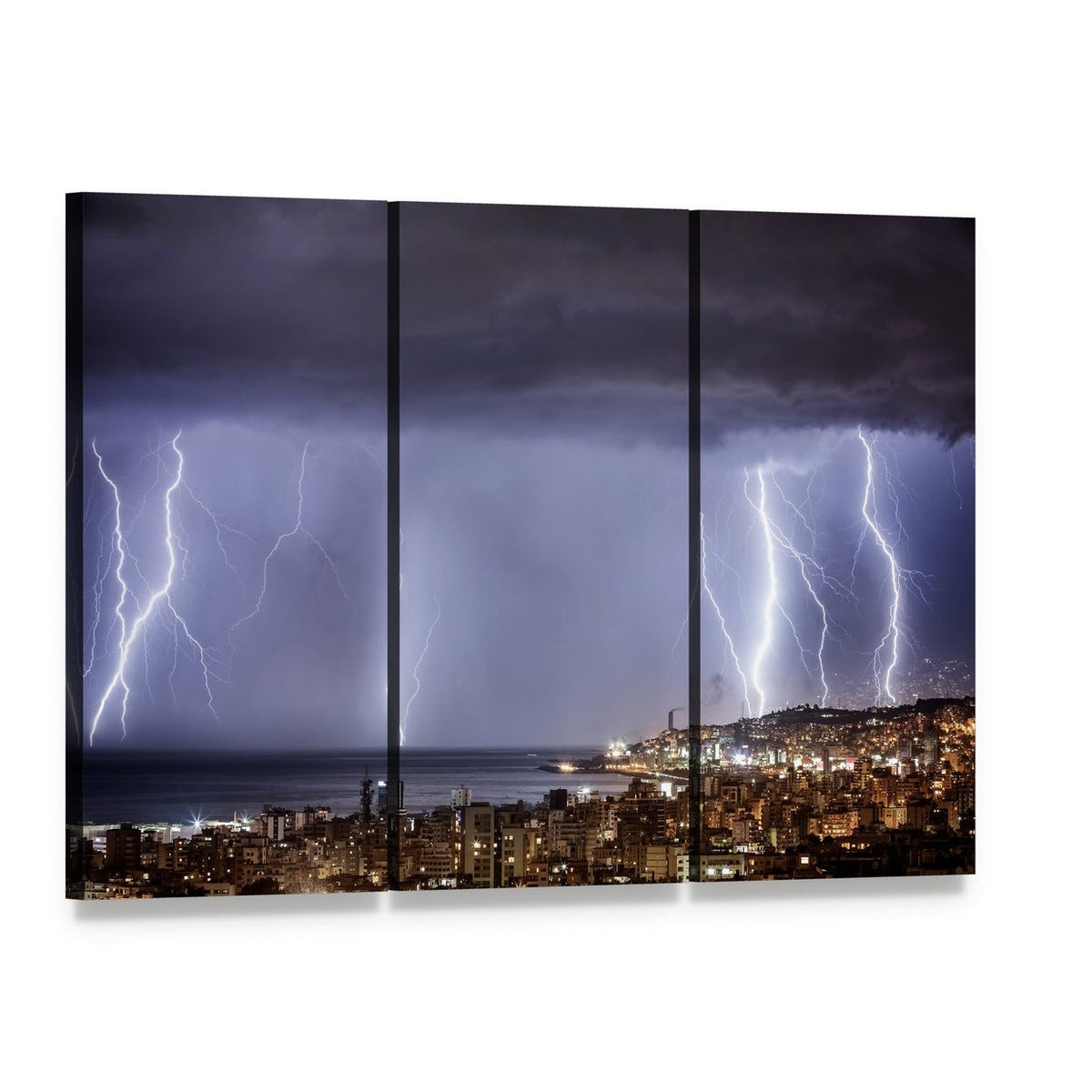 Lightning Storm Over Coastal City Canvas Wall Art, 3 panel 3 Horizontal layout gallery wrapped canvas set, angled product view