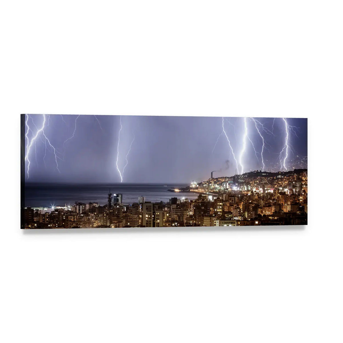 Dark Stormy Night City Skyline Panoramic Canvas Wall Art, single panel gallery wrapped canvas, angled product view
