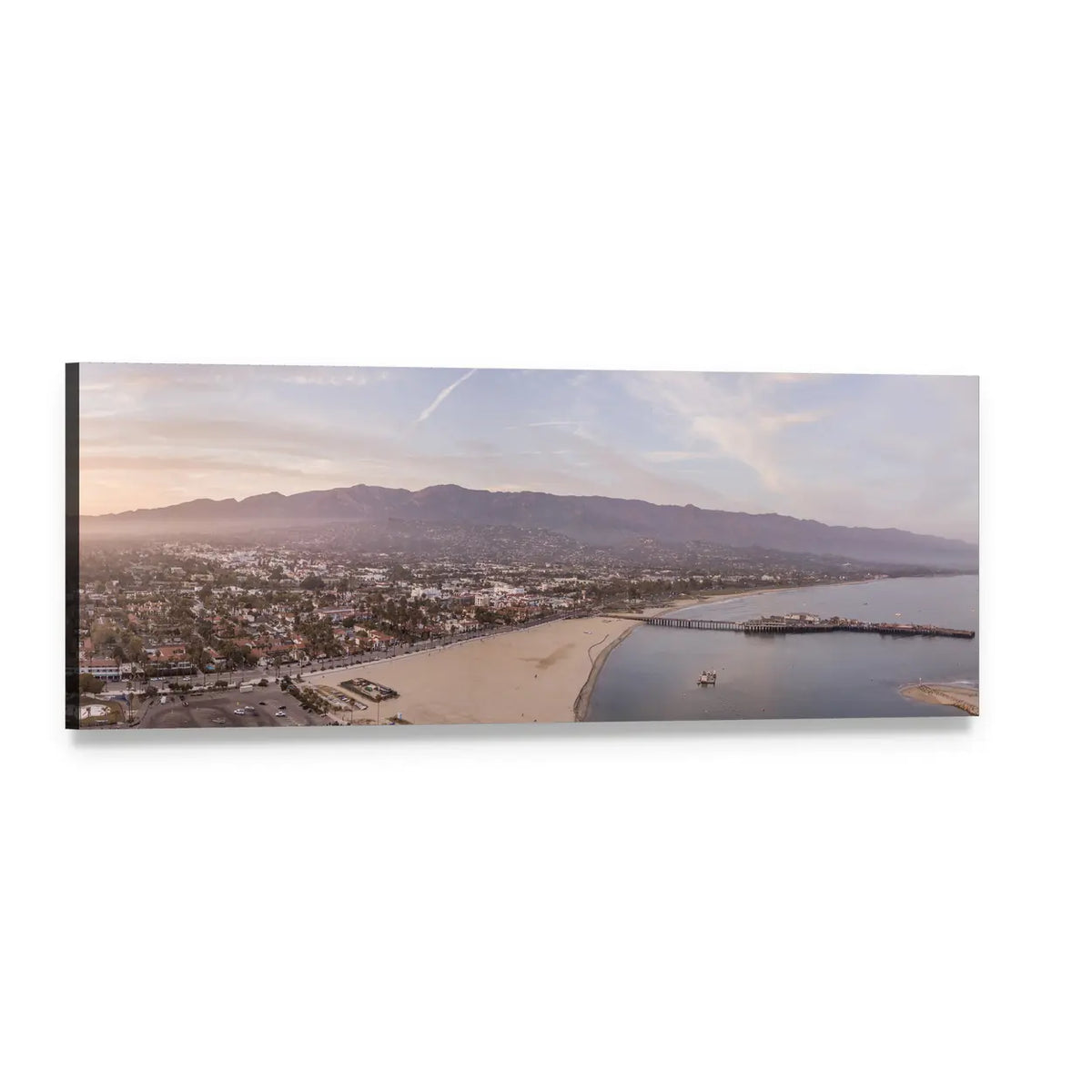 Aerial Beach View with Pier and Coastal City Panoramic Canvas Wall Art, single panel gallery wrapped canvas, angled product view