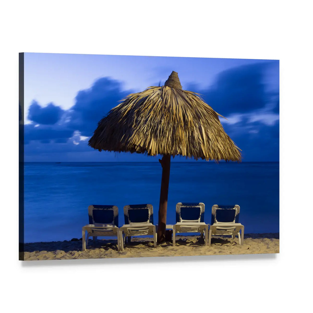 Four Beach Chairs Under Thatched Umbrella Canvas Wall Art, single panel gallery wrapped canvas, angled product view