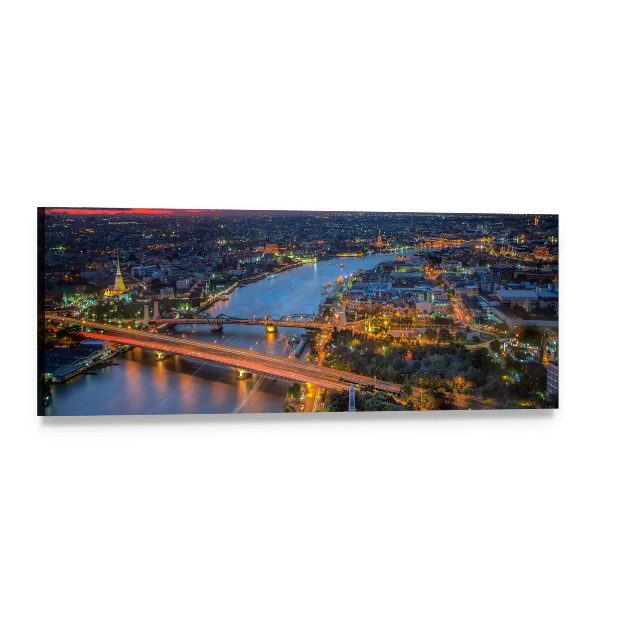 Bangkok River and Bridges at Twilight Panoramic Canvas Wall Art, single panel gallery wrapped canvas, angled product view