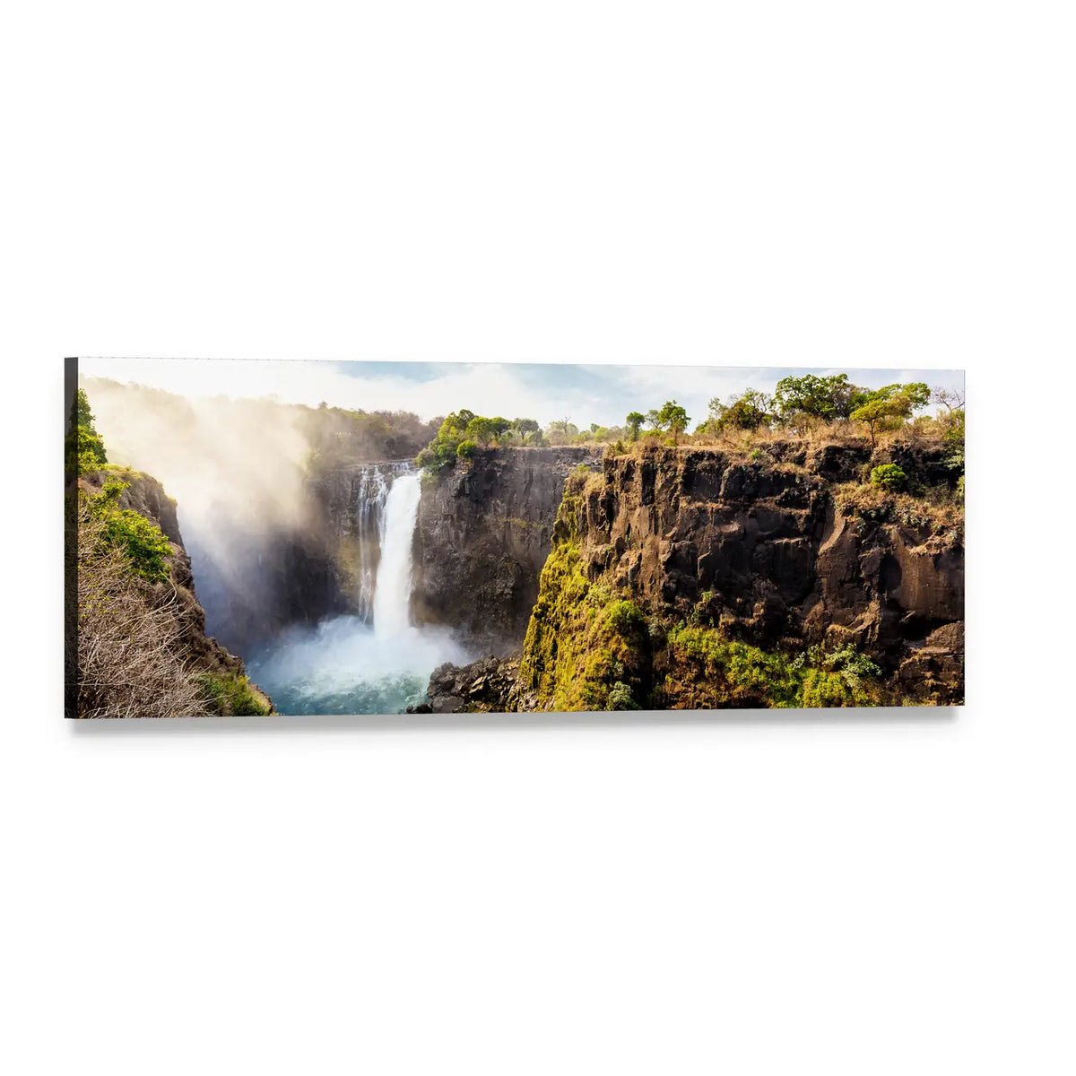 Victoria Falls Mist Over Rocky Cliffs Panoramic Canvas Wall Art, single panel gallery wrapped canvas, angled product view