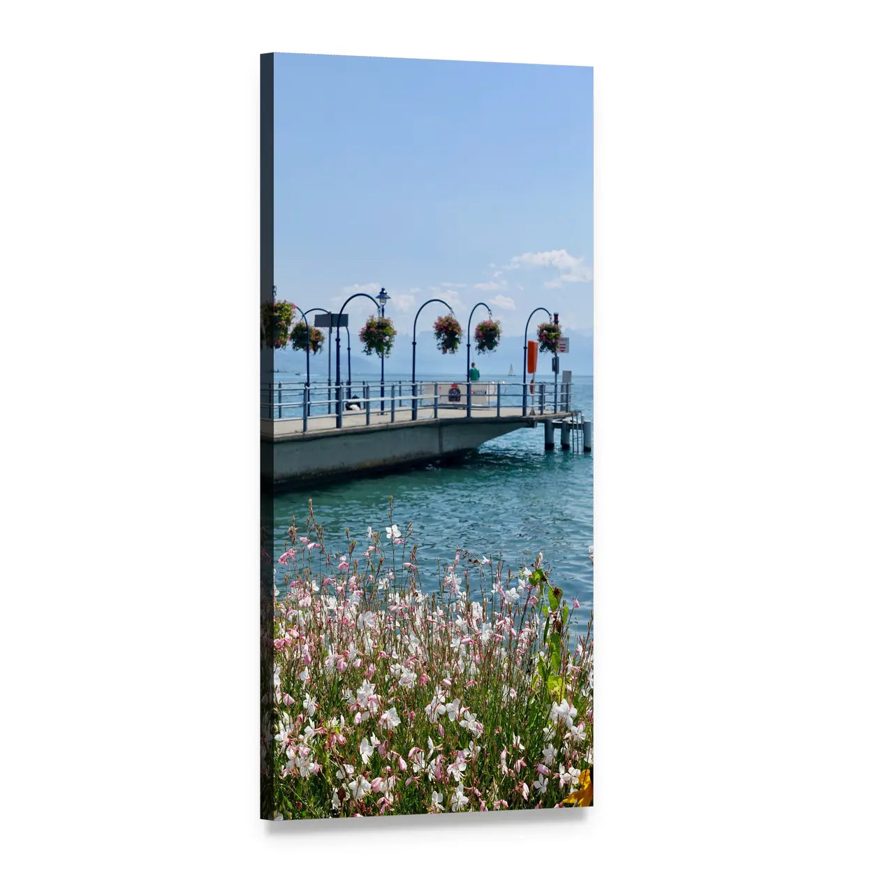 Pier with Pink and White Flowers Vertical Canvas Wall Art, 1 panel 1 Vertical layout gallery wrapped canvas set, angled product view