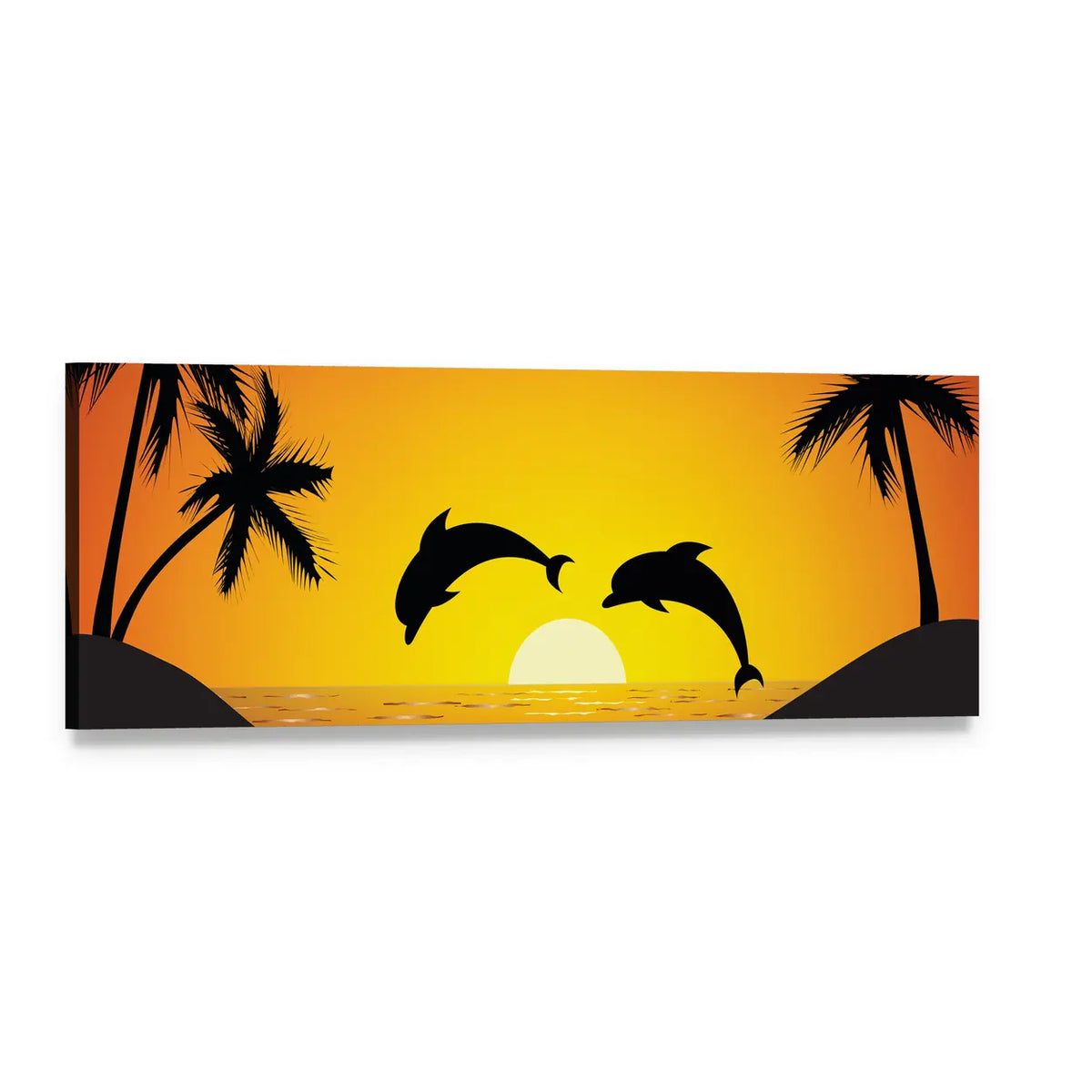 Dolphins Jumping at Sunset Panoramic Canvas Wall Art, single panel gallery wrapped canvas, angled product view