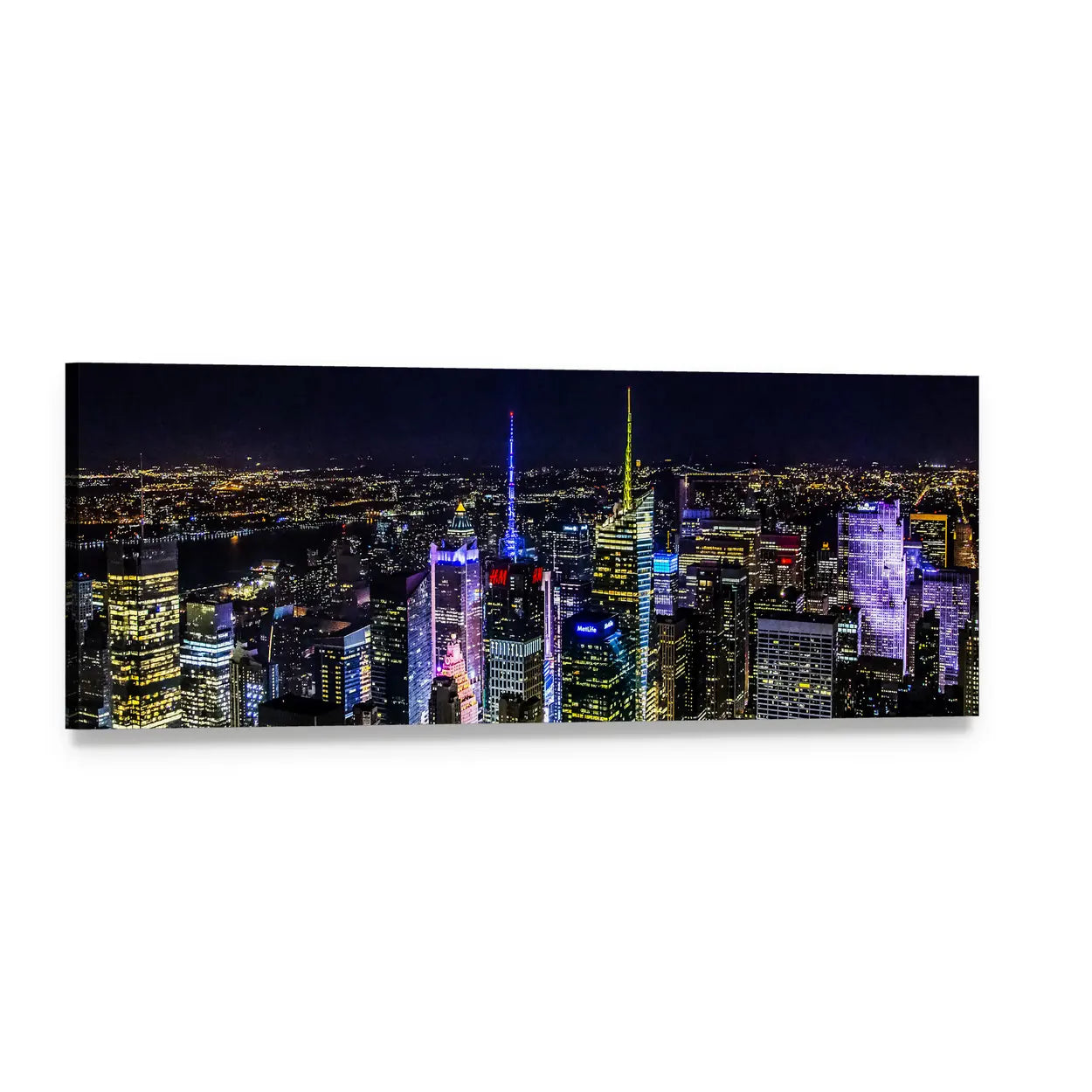 Manhattan Night Skyline Panoramic Canvas Wall Art, single panel gallery wrapped canvas, angled product view