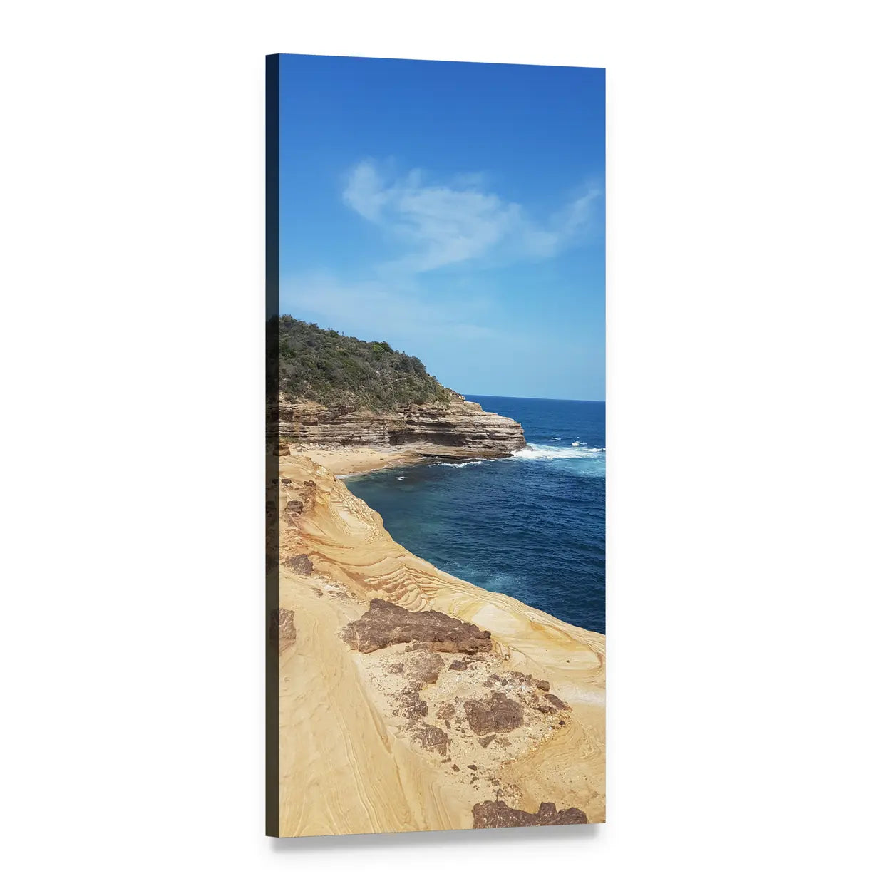 Coastal Cliffs and Deep Blue Ocean Vertical Canvas Wall Art, 1 panel 1 Vertical layout gallery wrapped canvas set, angled product view
