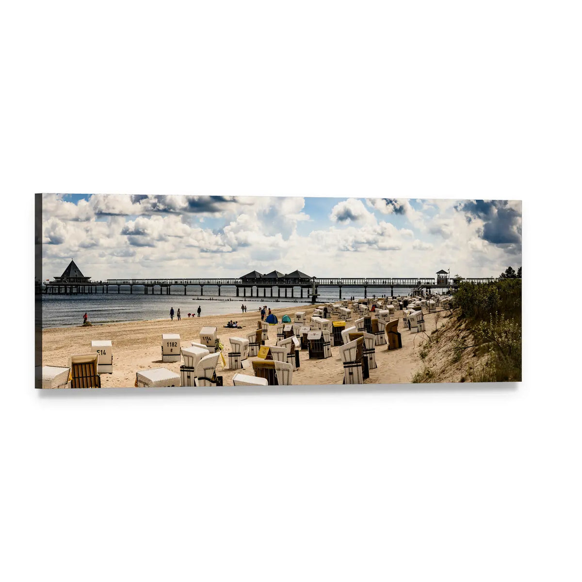 Hooded Beach Chairs and Wooden Pier Panoramic Canvas Wall Art, single panel gallery wrapped canvas, angled product view