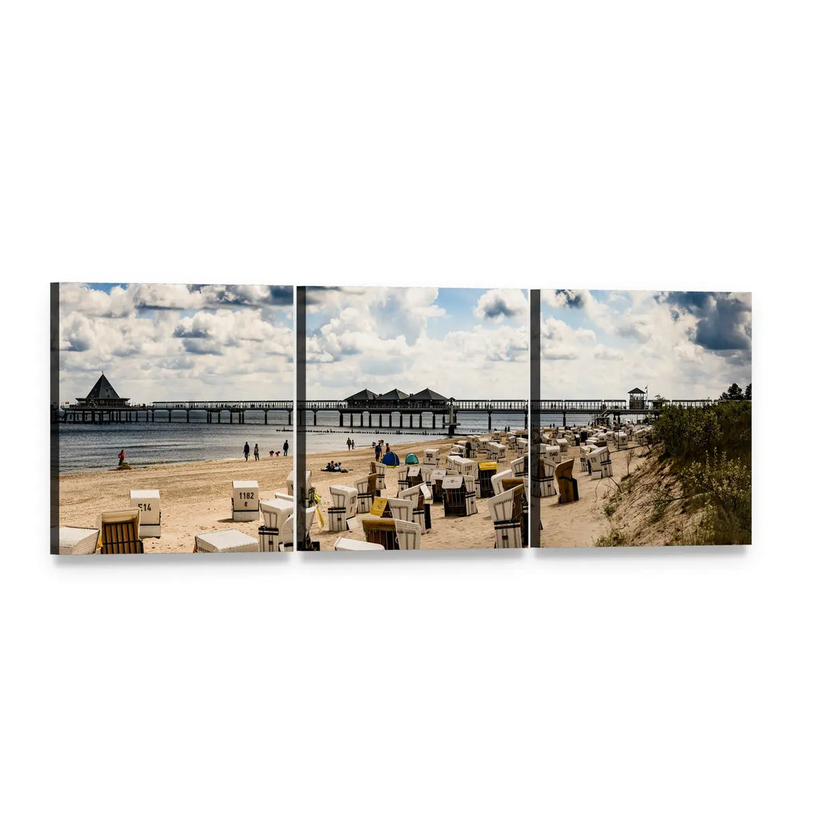 Hooded Beach Chairs and Wooden Pier Panoramic Canvas Wall Art, 3 panel 3 Piece layout gallery wrapped canvas set, angled product view