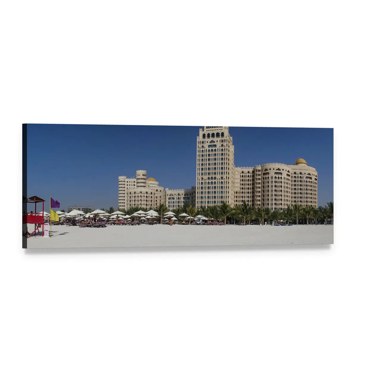 White Beach Resort with Red Lifeguard Tower Panoramic Canvas Wall Art, single panel gallery wrapped canvas, angled product view
