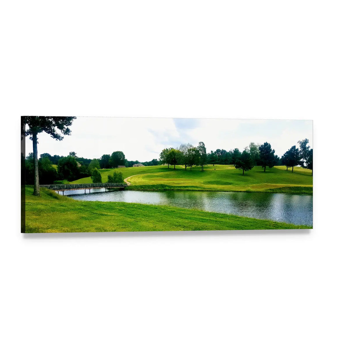 Sunny Golf Course Landscape Panoramic Canvas Wall Art, single panel gallery wrapped canvas, angled product view