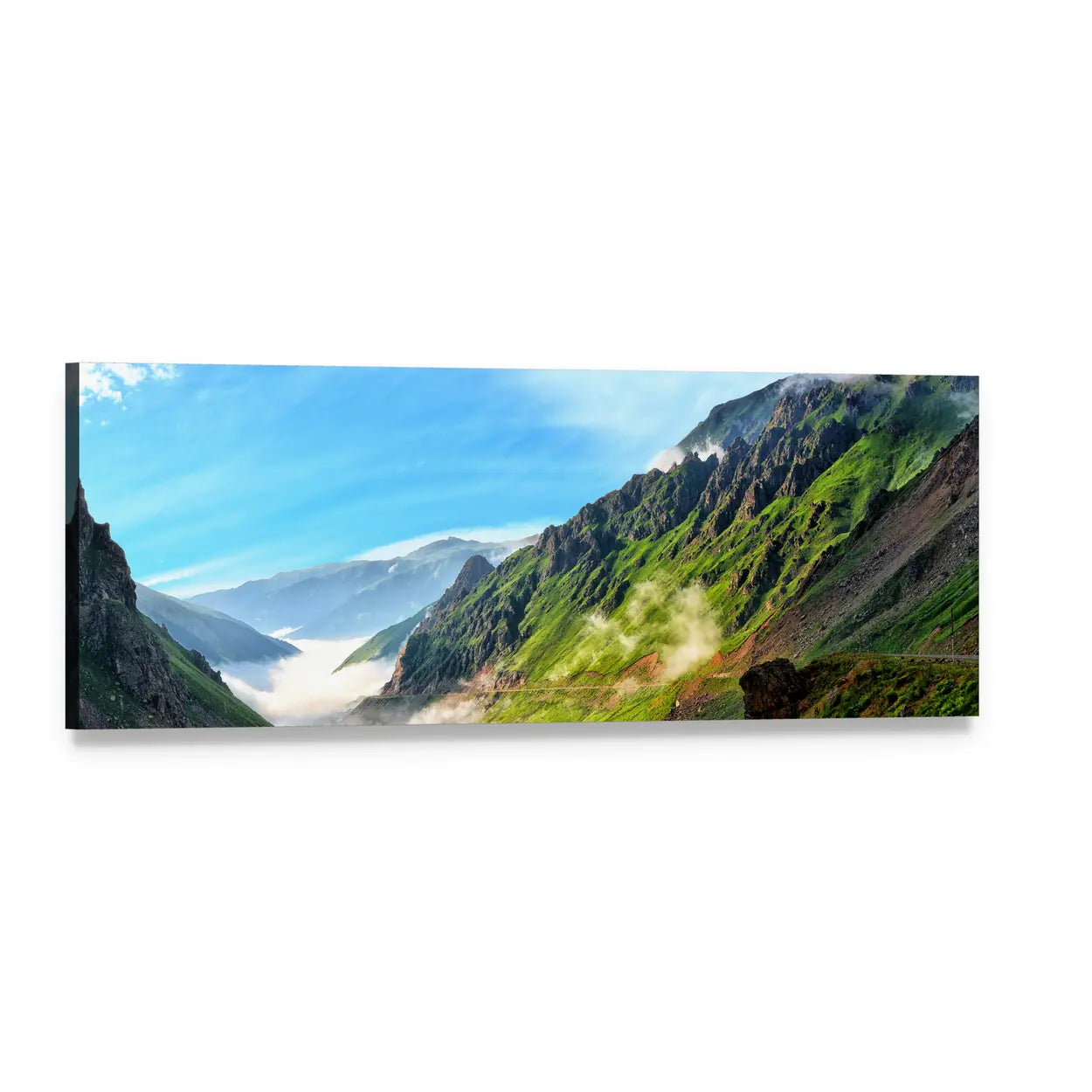 Summer Mountain Valley with Mist Panoramic Canvas Wall Art, single panel gallery wrapped canvas, angled product view