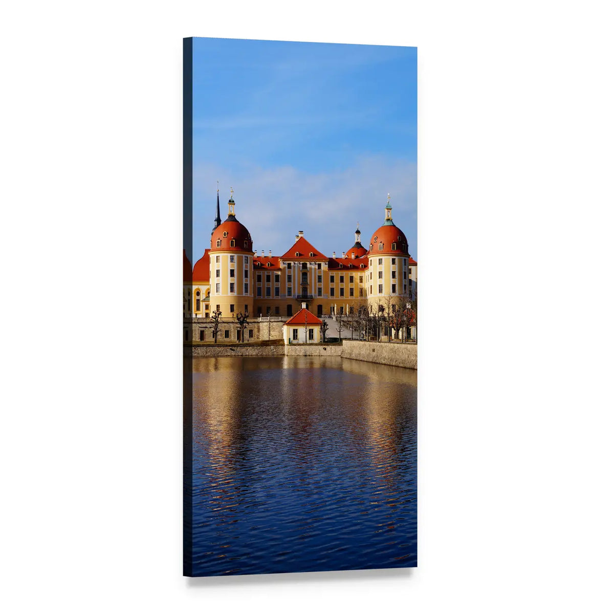 Moritzburg Castle Reflection on Lake Vertical Canvas Wall Art, 1 panel 1 Vertical layout gallery wrapped canvas set, angled product view