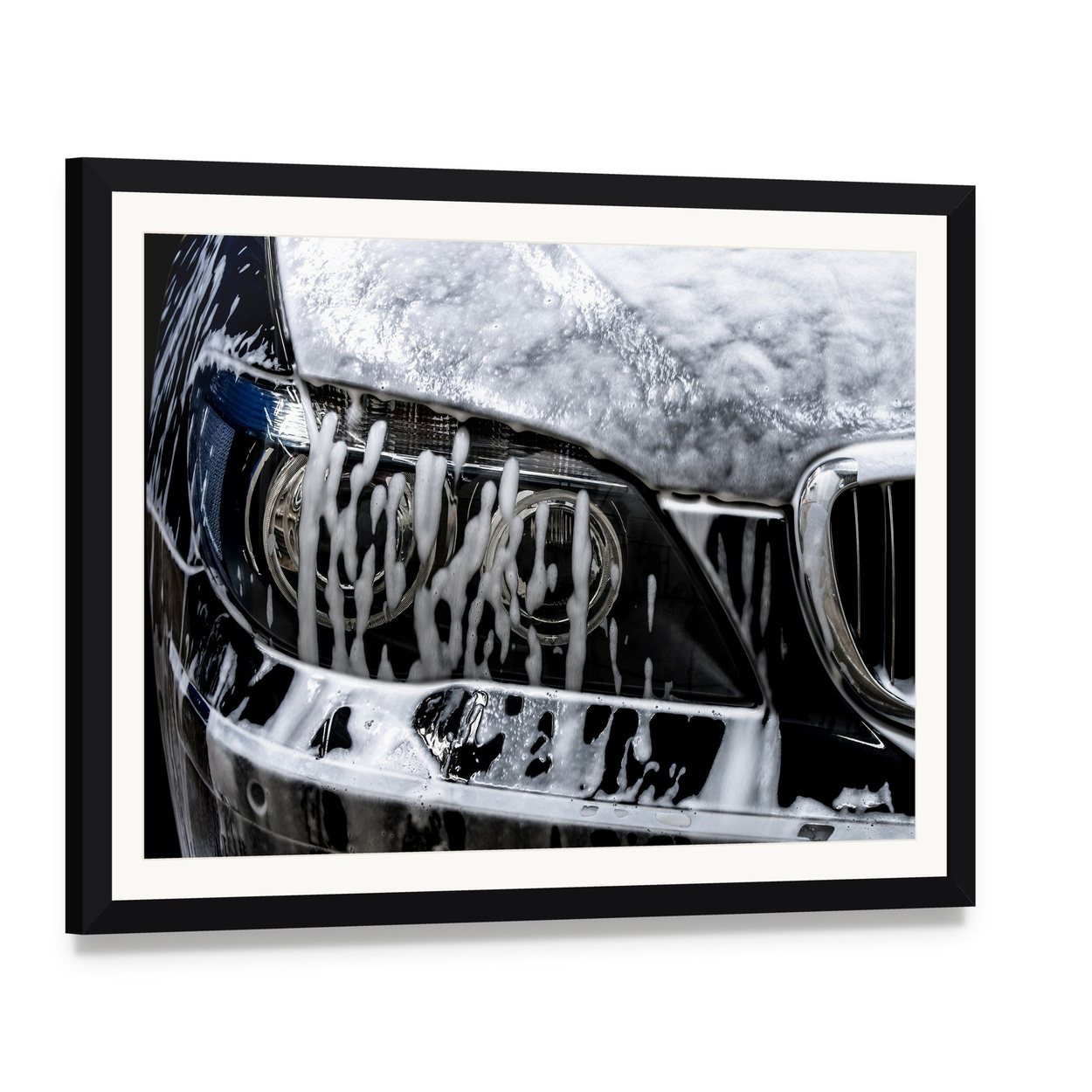 Car Wash with Soap Canvas Wall Art, framed print with white mat and black frame, angled product view