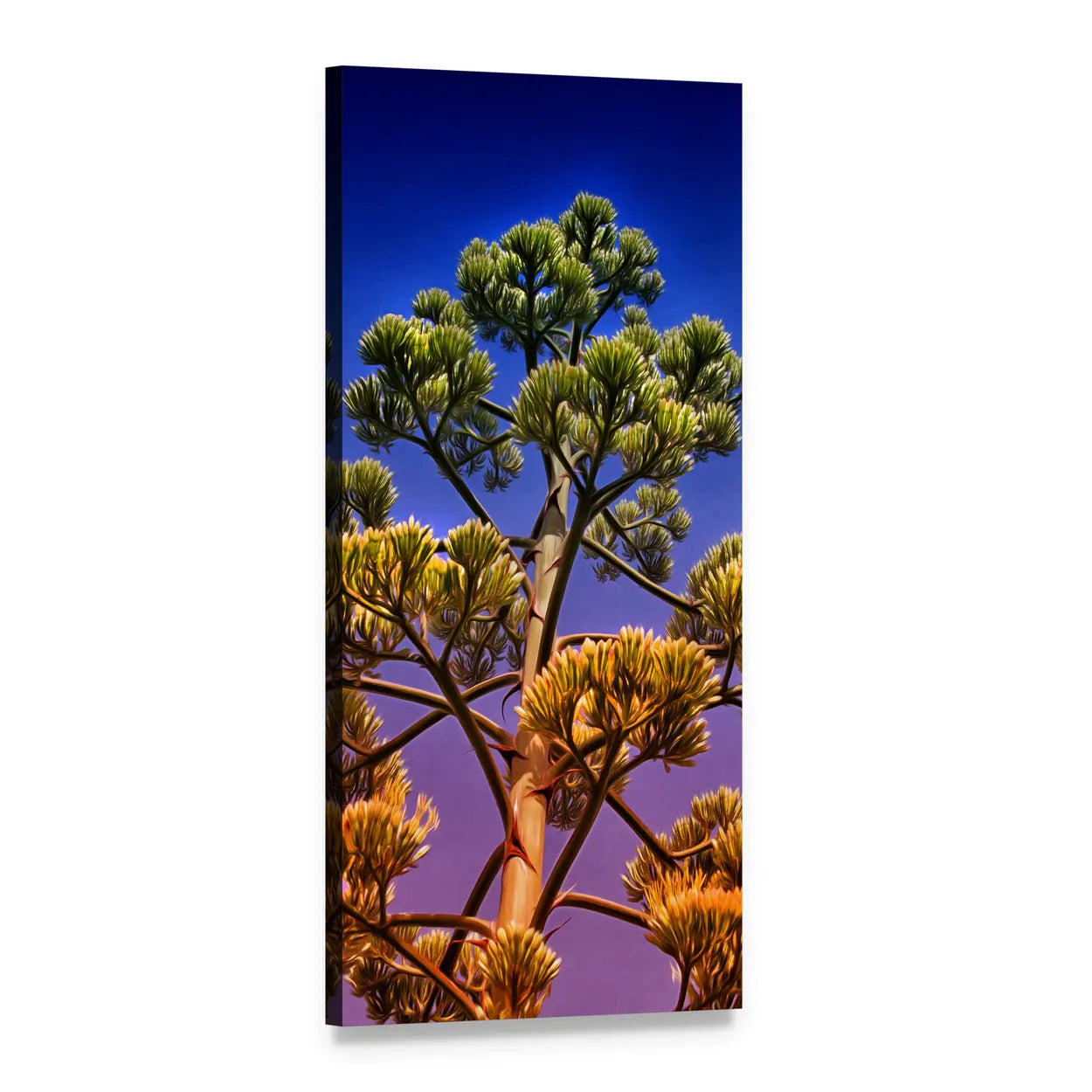 Agave Bloom and Tree Under Blue Sky Vertical Canvas Wall Art, 1 panel 1 Vertical layout gallery wrapped canvas set, angled product view