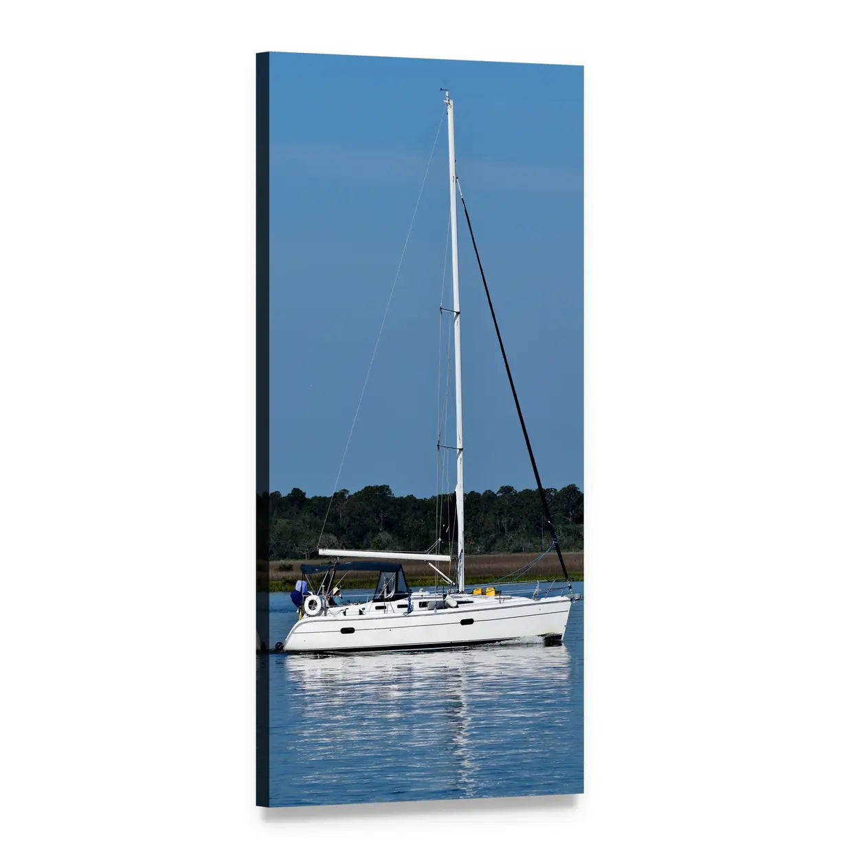 Sailboat on Calm Blue Water Vertical Canvas Wall Art, 1 panel 1 Vertical layout gallery wrapped canvas set, angled product view