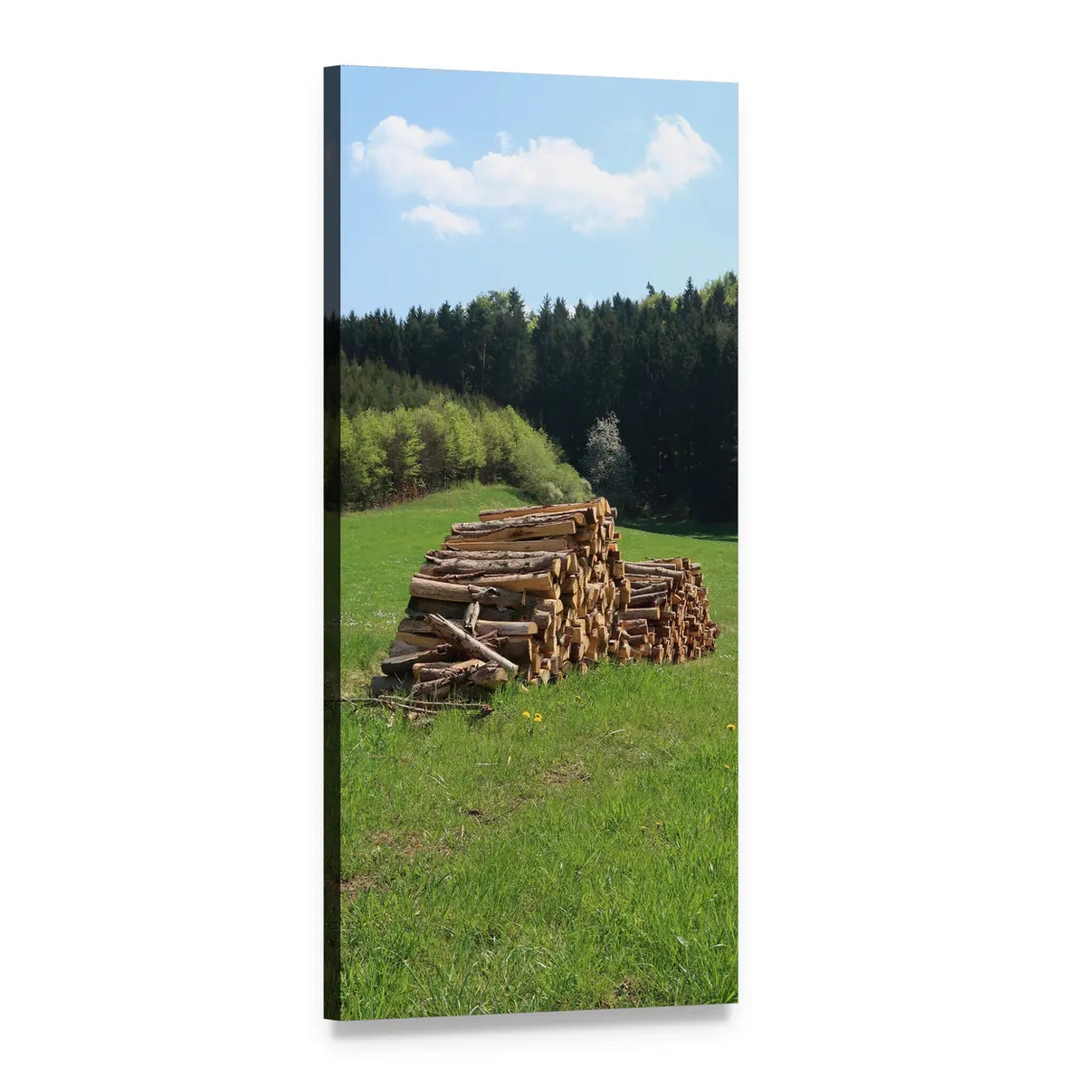 Stack of Cut Logs in Spring Meadow Vertical Canvas Wall Art, 1 panel 1 Vertical layout gallery wrapped canvas set, angled product view