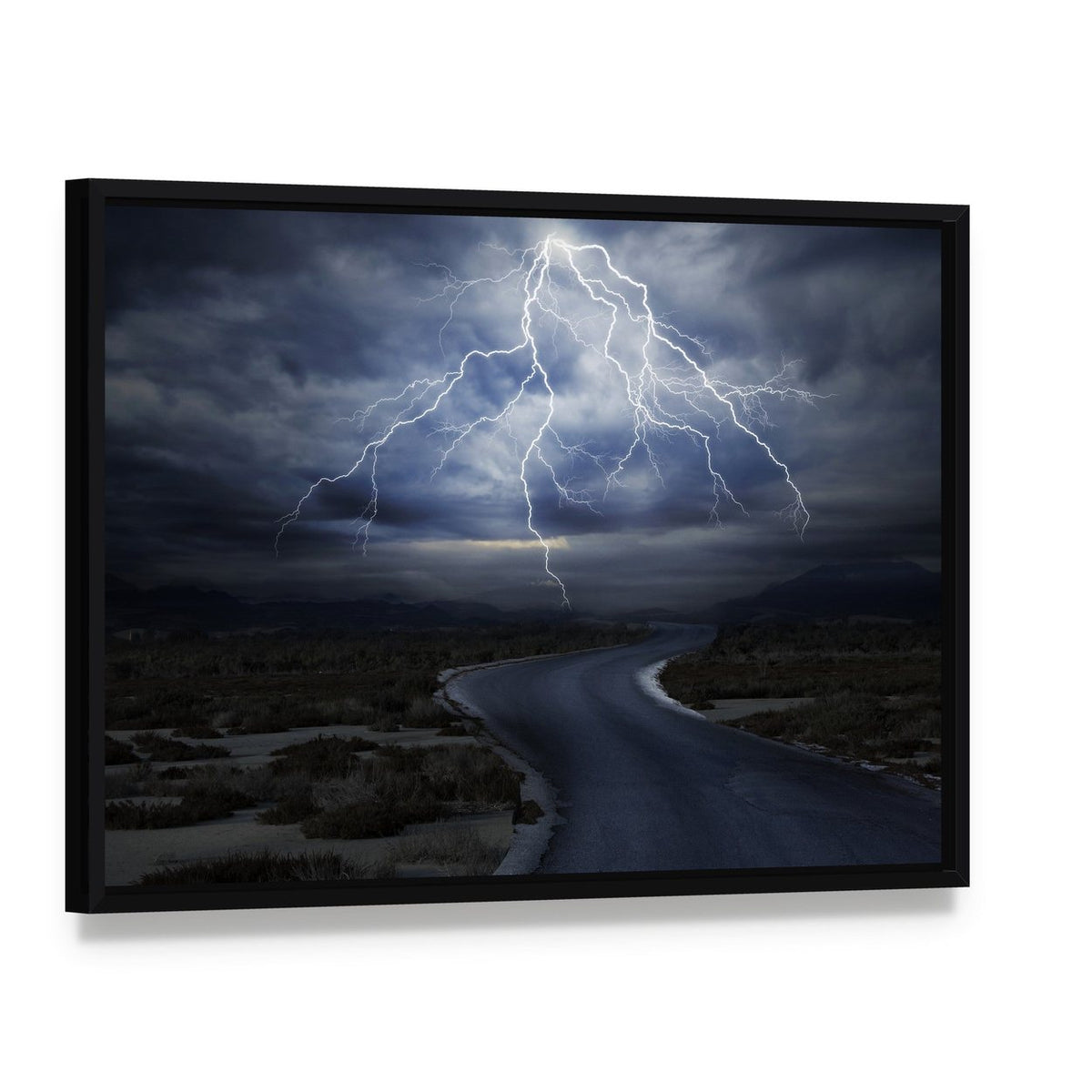 Thunderstorm Over Winding Road Canvas Wall Art, framed canvas in a black floater frame, angled product view
