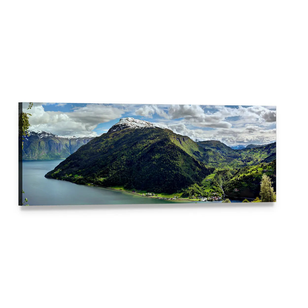 Fjord with Snow-capped Mountain and Coastal Village Panoramic Canvas Wall Art, single panel gallery wrapped canvas, angled product view