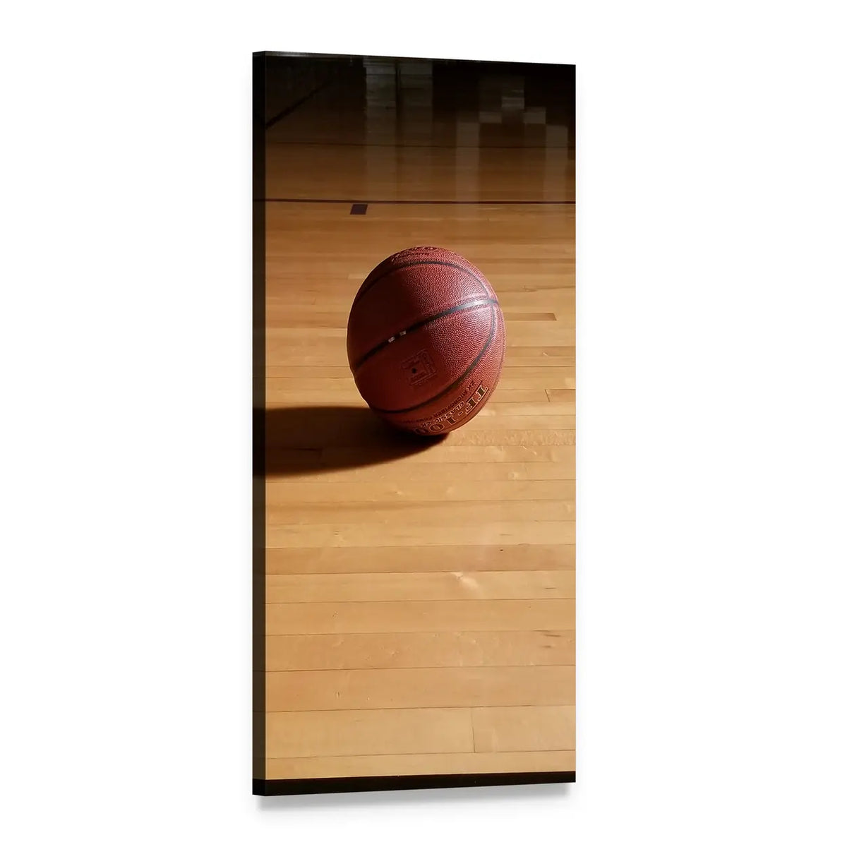 Basketball on Hardwood Court Vertical Canvas Wall Art, 1 panel 1 Vertical layout gallery wrapped canvas set, angled product view