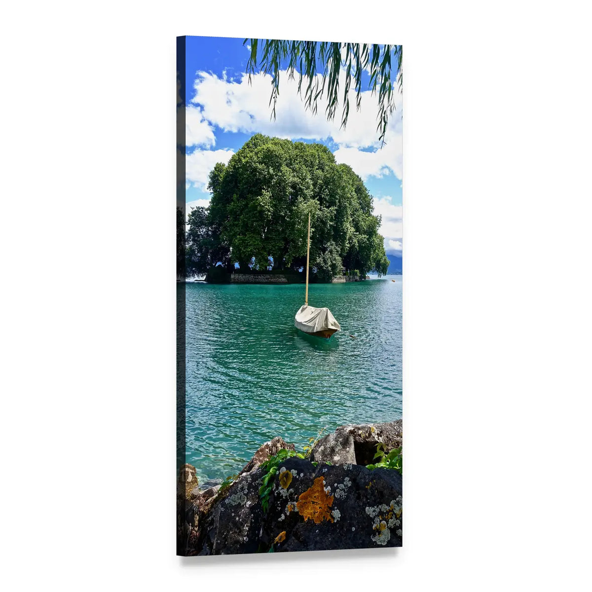 White Sailboat by Lush Green Island Vertical Canvas Wall Art, 1 panel 1 Vertical layout gallery wrapped canvas set, angled product view
