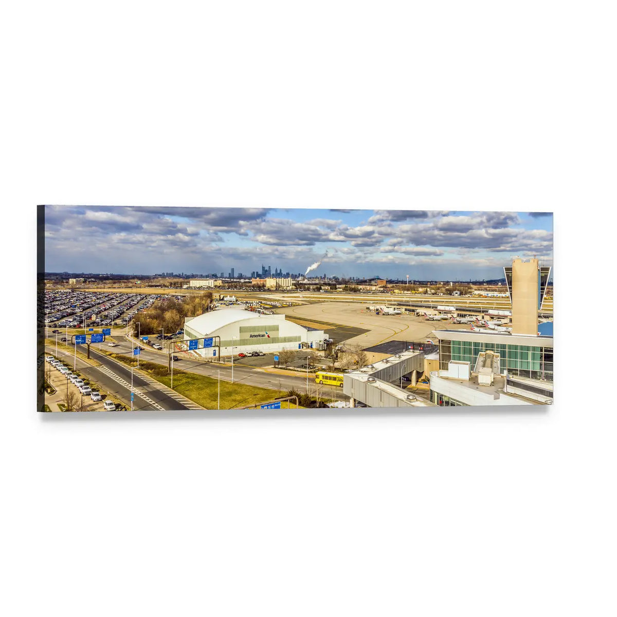 Philadelphia Airport Cityscape View Panoramic Canvas Wall Art, single panel gallery wrapped canvas, angled product view