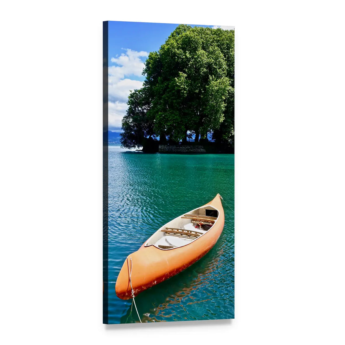 Orange Canoe on Turquoise Lake Vertical Canvas Wall Art, 1 panel 1 Vertical layout gallery wrapped canvas set, angled product view